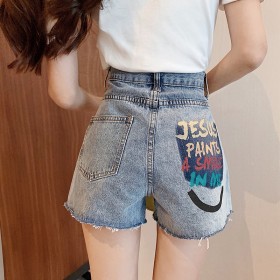 Denim shorts women's summer new tide high waist was thin a word loose wide legs hole letters hot pants