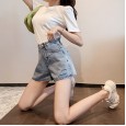Denim shorts women's summer new tide high waist was thin a word loose wide legs hole letters hot pants
