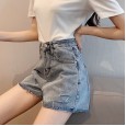 Denim shorts women's summer new tide high waist was thin a word loose wide legs hole letters hot pants