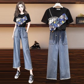 New summer age-reduced foreign casual short-sleeved elastic waist wide-leg pants mm large size female suit tide