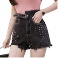 Summer new fashion beaded high waist was thin and versatile irregular hole rough edge denim shorts female