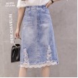 Spring new high-waist lace stitching denim skirt female slim split mid-length skirt a-line skirt