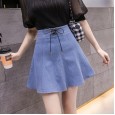 Elastic waist denim short skirt female skirt large size high waist pleated skirt anti-glare A word pettiskirt female summer student