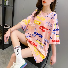 Mid-length loose large version short-sleeved cotton t-shirt female new student wild letter printed top