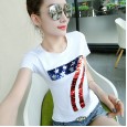 Summer new fashion sequined T-shirt female short-sleeved Slim wild round neck shirt cotton half-sleeved tide