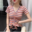 High waist rainbow striped t-shirt female summer tight drawstring slim v-neck exposed navel short-sleeved color short top