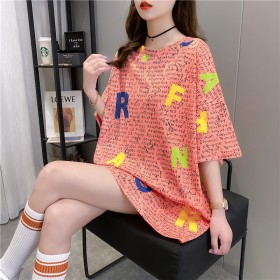 Pure cotton short-sleeved t-shirt skirt female Xia Chaohuo long section large letter half-sleeved shirt