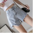 New hole denim shorts women summer light color wild loose a word wide leg pants raw edge hot pants