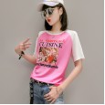 Summer new fashion letter printed short-sleeved T-shirt female off-shoulder contrast color wild shirt