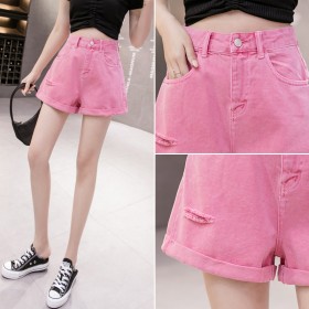 Purple hole denim shorts female summer thin section loose high waist was thin curling hot pants tide