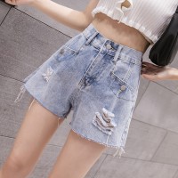 Denim shorts women's summer new loose holes high waist was thin a word hot pants elastic waist denim shorts