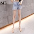 Denim shorts women's summer new loose holes high waist was thin a word hot pants elastic waist denim shorts