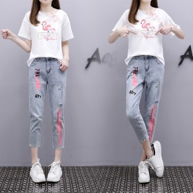 Summer women's new sequins little swan short-sleeved T-shirt printed jeans two-piece suit women