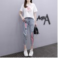 Summer women's new sequins little swan short-sleeved T-shirt printed jeans two-piece suit women