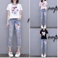 New female fashion ripped jeans suit female summer loose short sleeve t-shirt two pieces