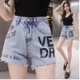 Summer new wild personality letter printing loose high waist was thin hairy wide leg denim shorts women