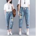 Summer literary plus size cartoon embroidered jeans elastic waist band loose loose fashion thin harem pants women