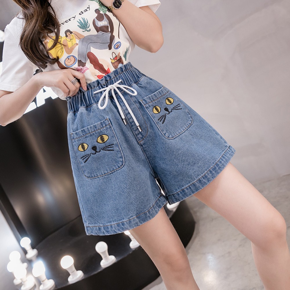 Stretch denim shorts female summer new wave high waist a word loose large size MM was thin hot pants