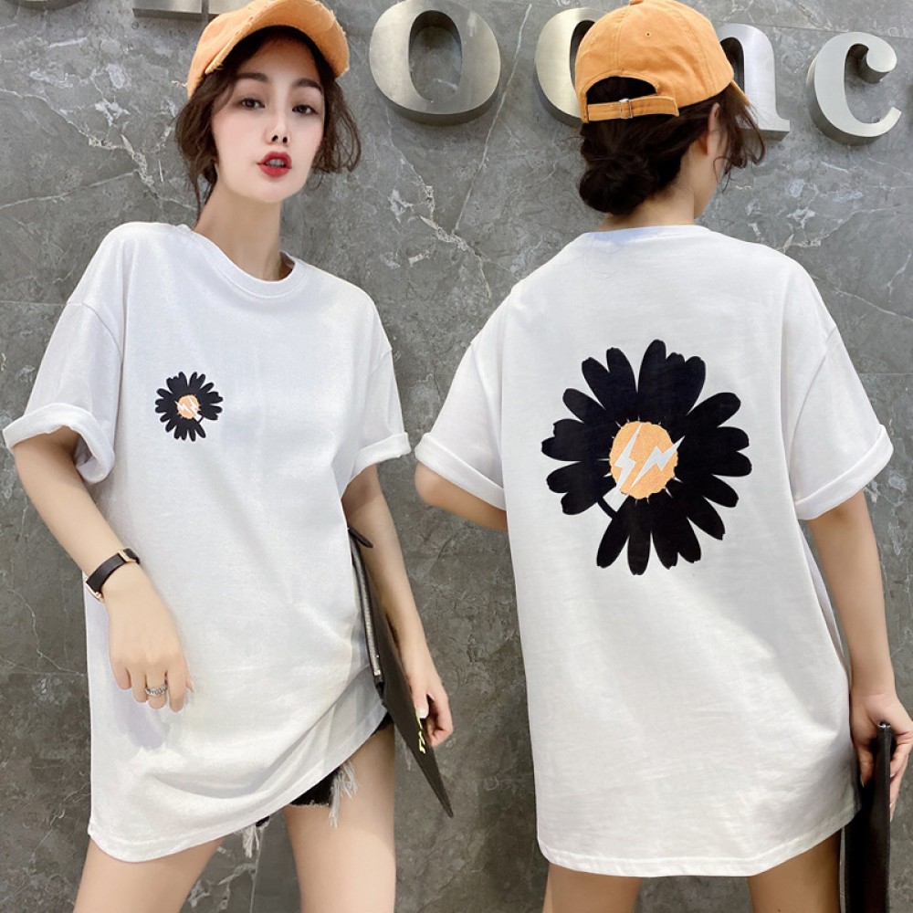 Summer new small daisy short-sleeved T-shirt women loose cotton mid-length half-sleeved shirt tide