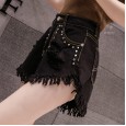 Summer new wide leg rivet ripped tassel jeans high waist was thin women's raw shorts tide
