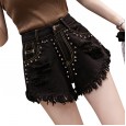 Summer new wide leg rivet ripped tassel jeans high waist was thin women's raw shorts tide