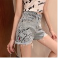 Denim ultra shorts women high waist new summer thin section loose thin cartoon wide leg pants high waist hot pants
