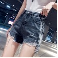 Spring and summer retro slim black pants irregular denim shorts female ripped wide-leg hot pants