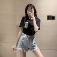 Jeans women's spring and summer new fashion shiny hot drill hole shorts were thin high waist loose wide leg hot pants
