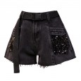 High waist jeans women's spring clothes new fashion sequins were thin raw edge shorts a word wide leg pants