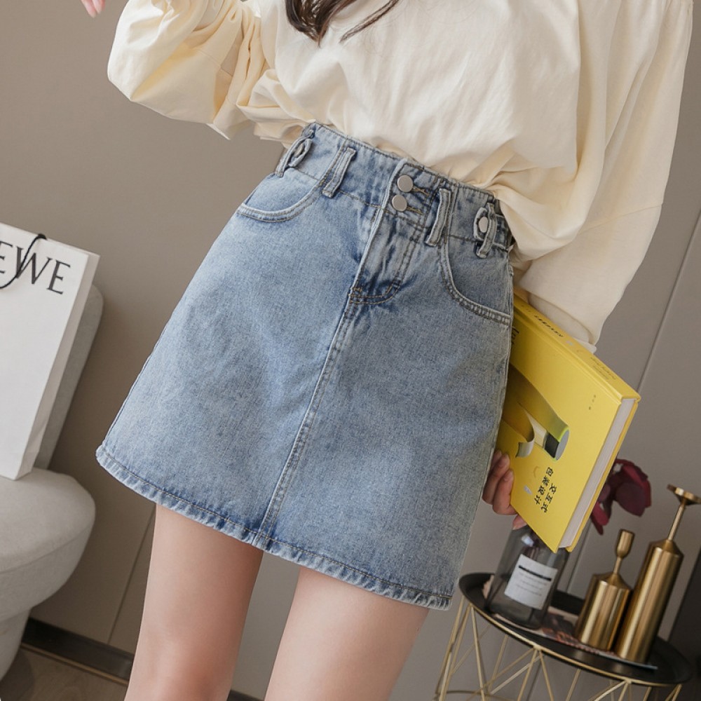 Spring new denim skirt female junior high school students casual elastic waist short skirt A word high waist skirt