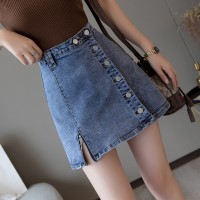 Short skirt female spring and summer denim skirt new a-line skirt breasted skirt high waist bag hip skirt lined hakama