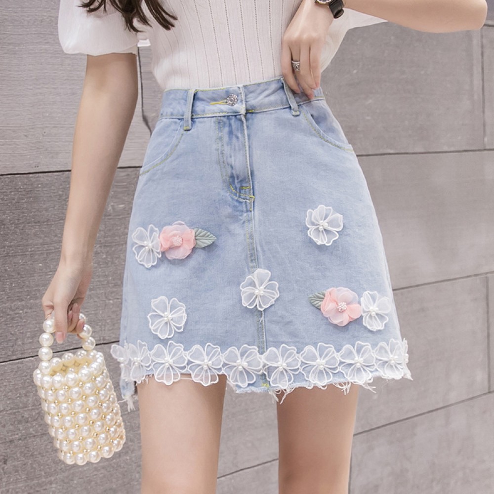 Spring dress new fresh beaded three-dimensional flowers worn high waist denim short skirt female slim skirt