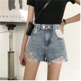 Summer style plus size loose wild edge ripped hole washed denim shorts women
