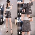 High waist smoke gray denim short skirt tide spring and summer new lace stitching set diamond A word bag hip skirt female