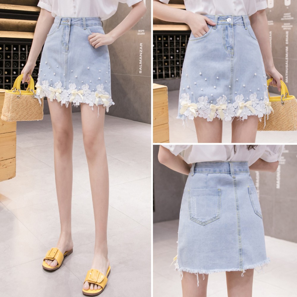 Lace stitching denim skirt spring new sweet college style high waist bag hip A word pearl skirt female