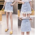Lace stitching denim skirt spring new sweet college style high waist bag hip A word pearl skirt female