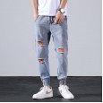 Jeans men's broken hole tide brand beam feet feet long pants nine points pants casual wild summer