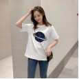 Summer new women's planet sequin short-sleeved t-shirt female loose bottoming shirt top