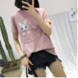 Summer new large size women's slub cotton short-sleeved T-shirt female rabbit embroidery bottoming ladies top