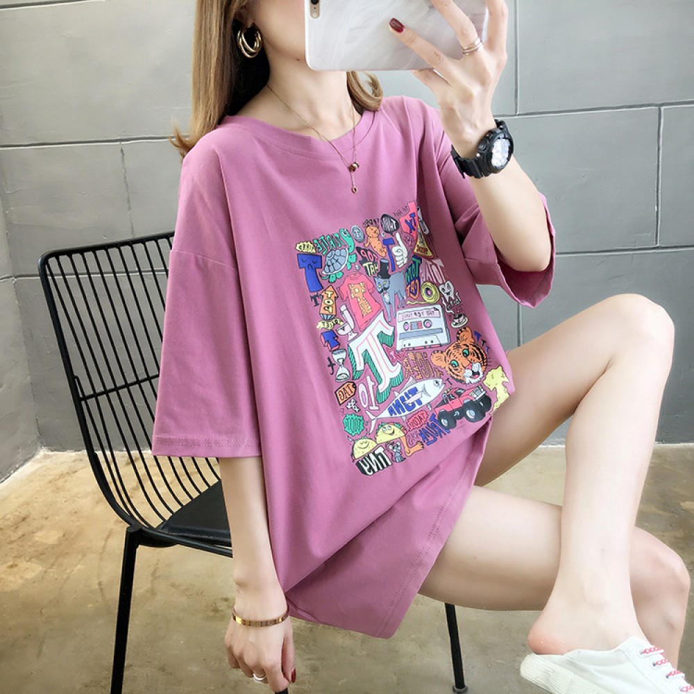 Summer new style large size women's cartoon printed short-sleeved T-shirt student casual bottoming ladies shirt