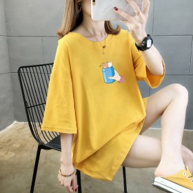 Summer new loose large size women's mid-length printed shirt solid color round neck short sleeve T-shirt female