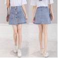 Real shot rainbow buckle denim skirt female spring and summer new high waist was thin wild skirt A-line skirt