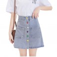 Real shot rainbow buckle denim skirt female spring and summer new high waist was thin wild skirt A-line skirt