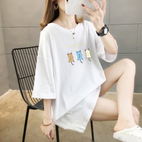 Summer new loose large size women's round neck short sleeve t-shirt female printing solid color ladies top