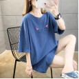 Summer new large size women's solid color bottoming ladies shirt printed loose cotton short-sleeved t-shirt