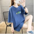 Solid color printed round neck short-sleeved T-shirt female summer new large size women's loose student ladies tops